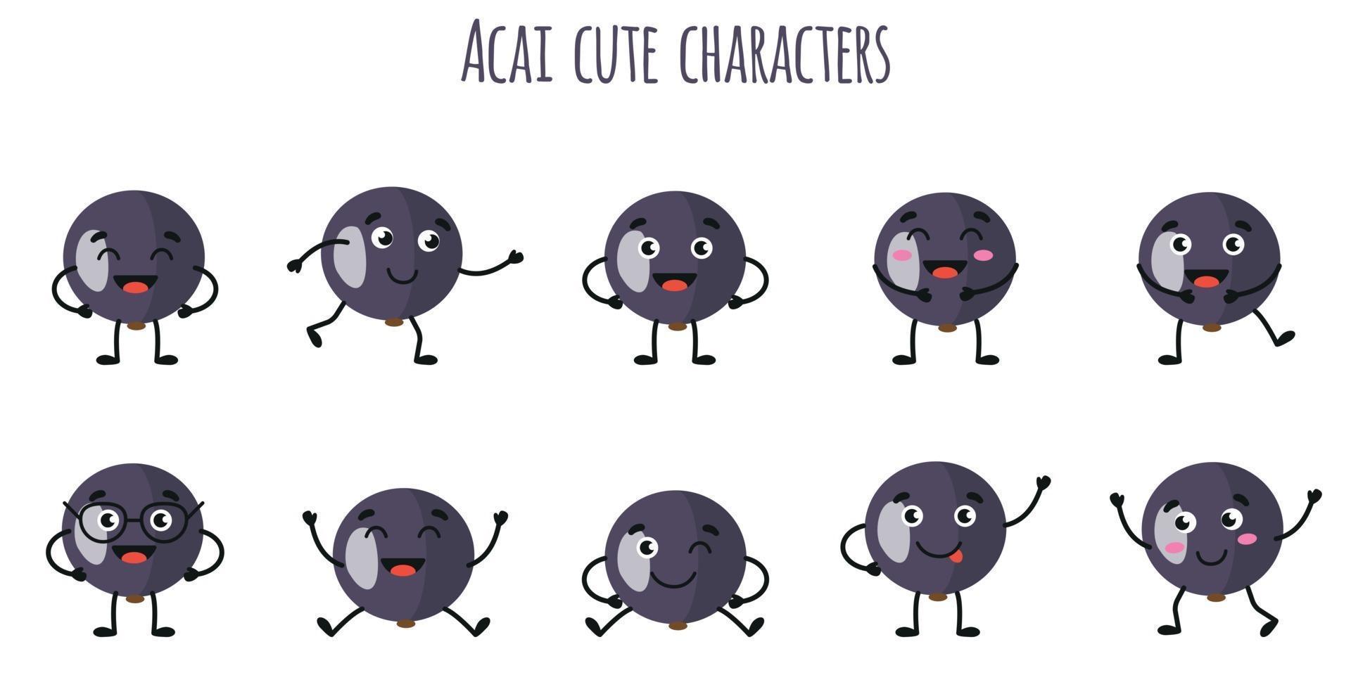 acai fruit schattige grappige karakters met verschillende emoties vector