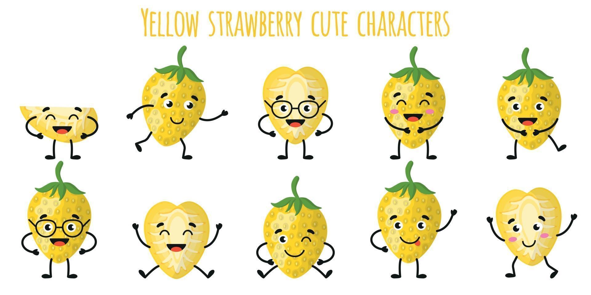 geel aardbeifruit leuke grappige karakters met verschillende emoties vector