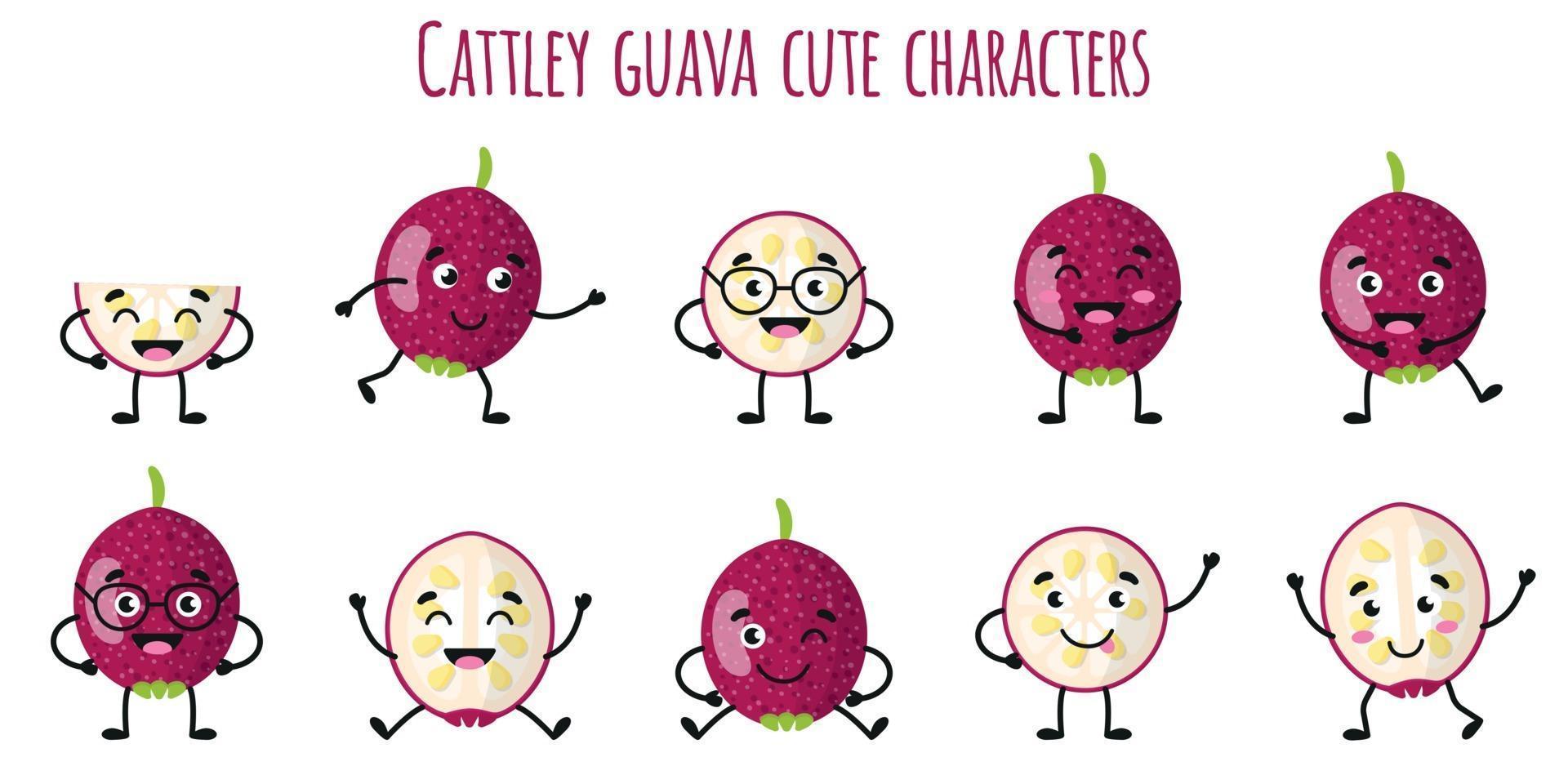 Cattley guave fruit leuke grappige karakters met verschillende emoties vector