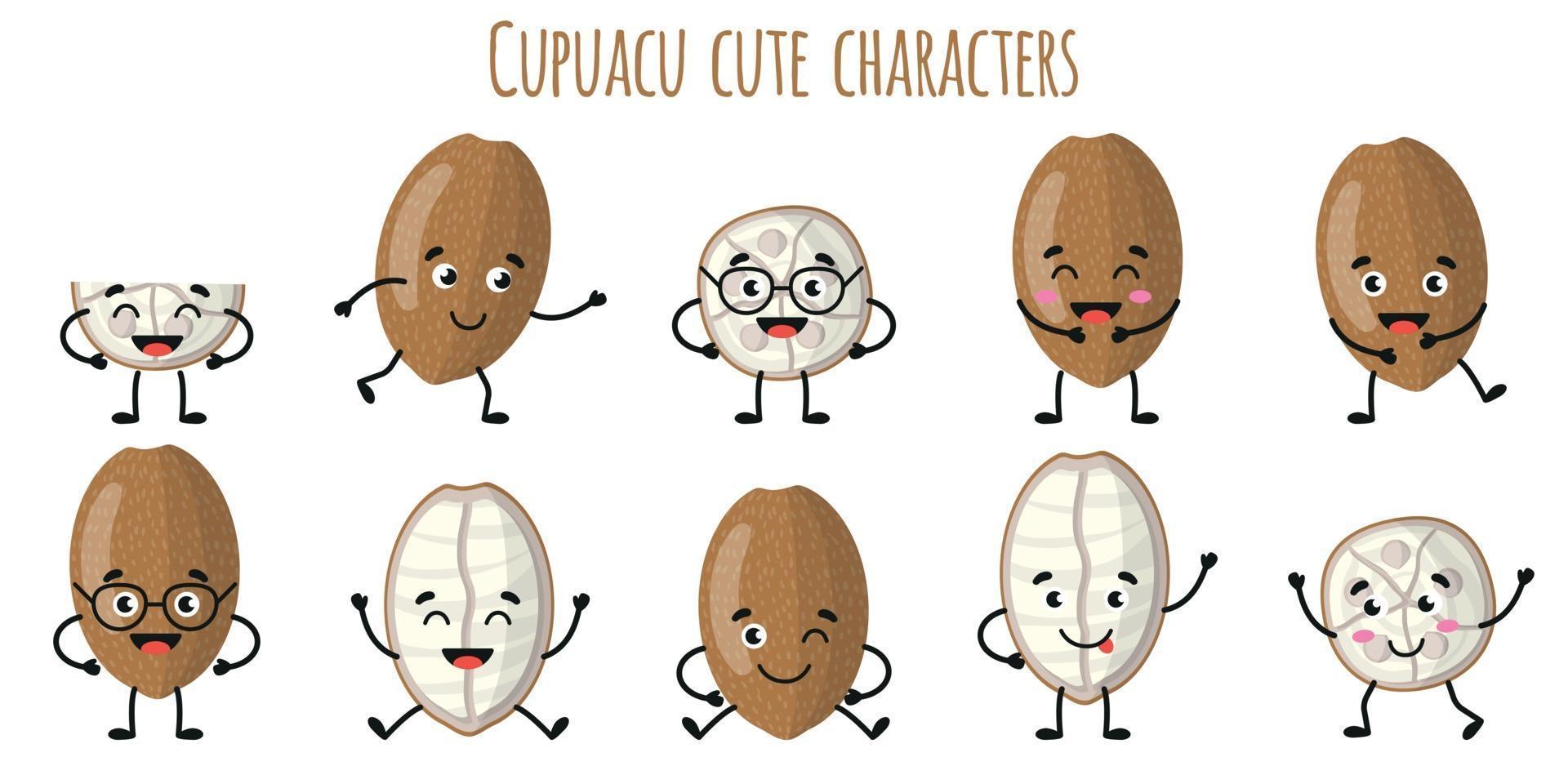 cupuacu fruit leuke grappige karakters met verschillende emoties vector