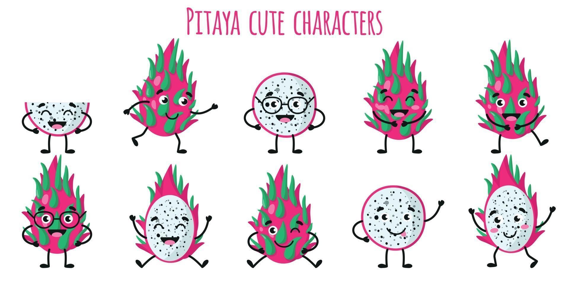 pitaya fruit schattige grappige karakters met verschillende emoties vector