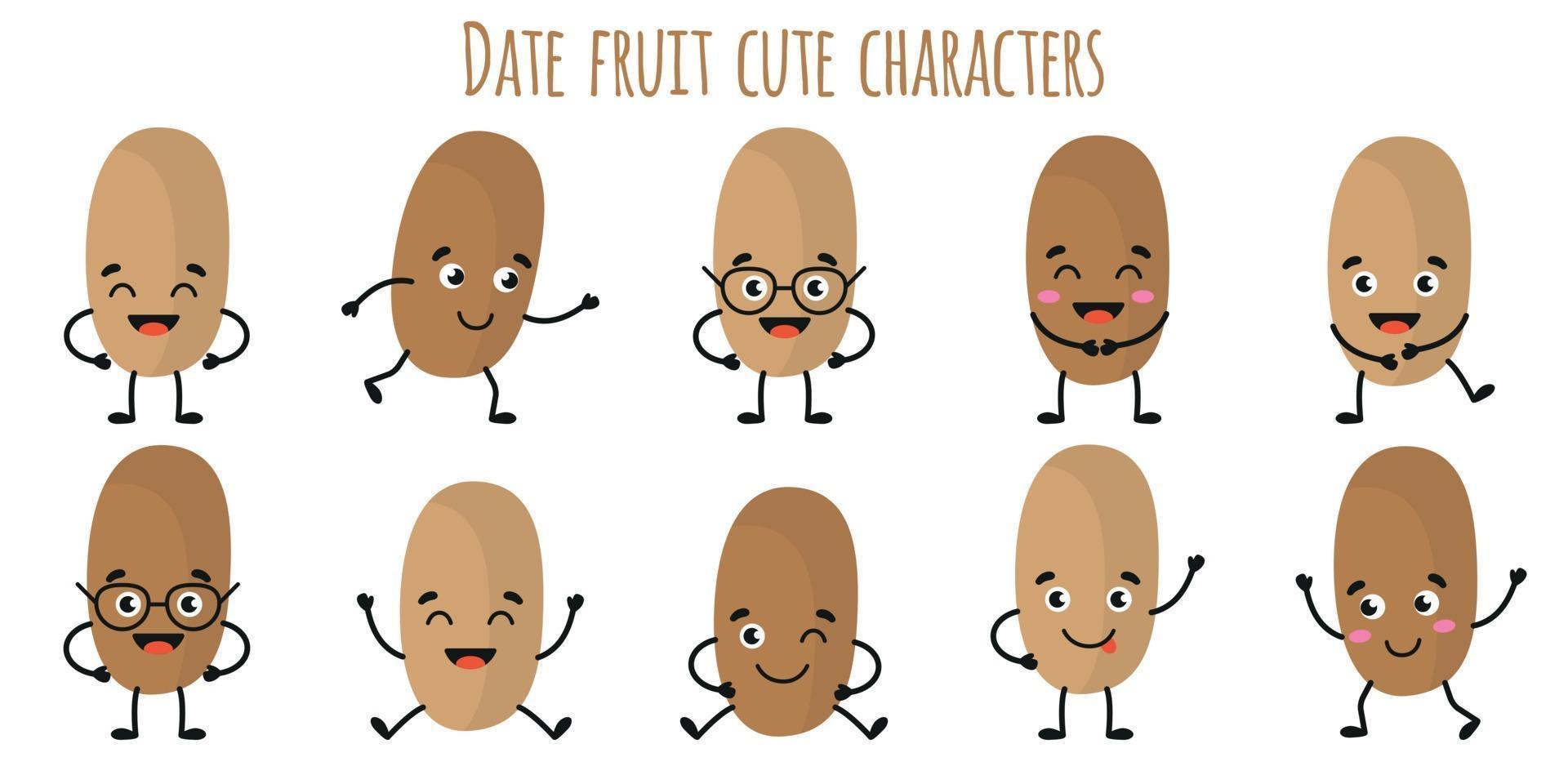 date fruit leuke grappige karakters met verschillende emoties vector