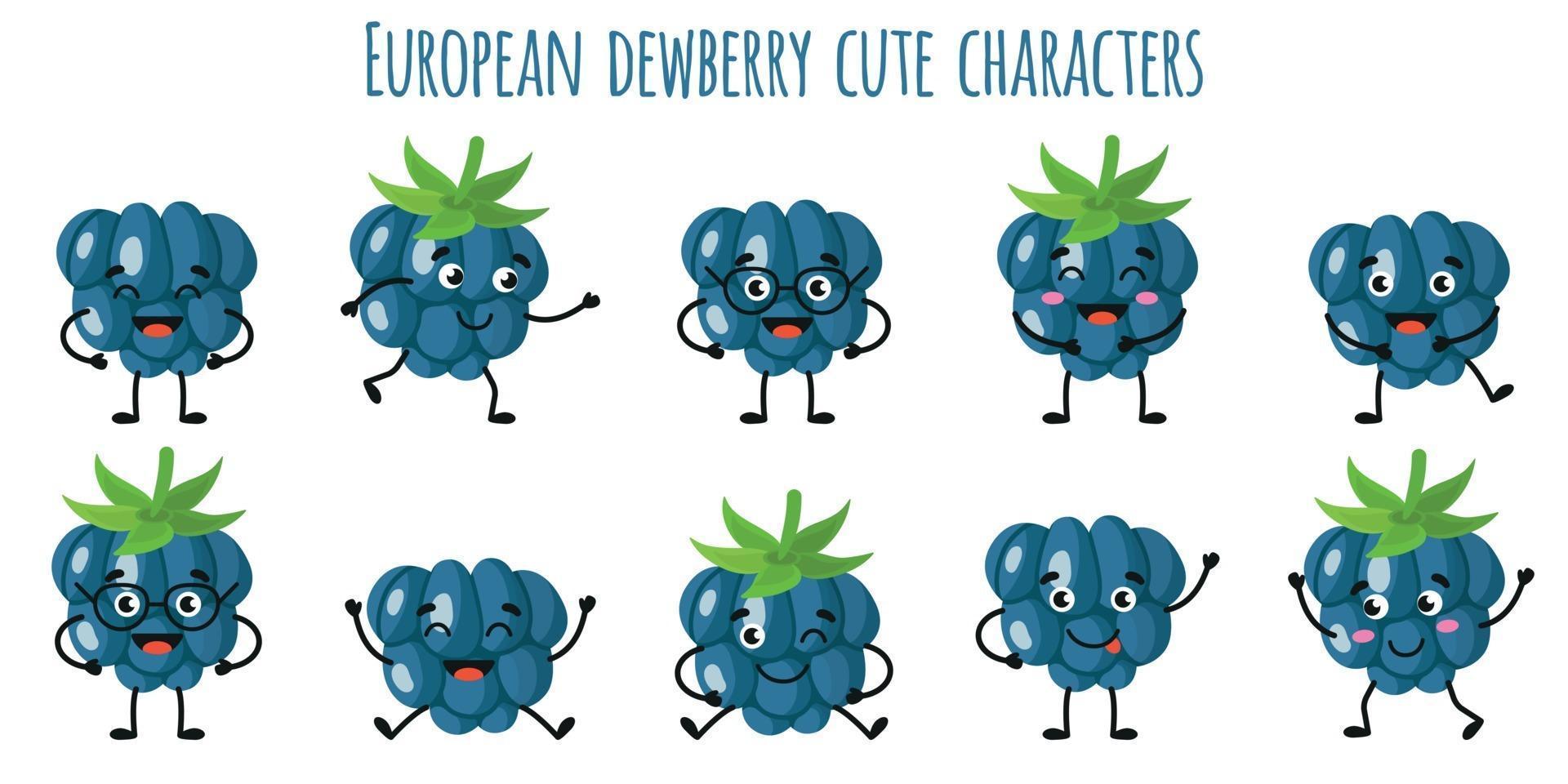 europees dauwbraamfruit leuke grappige karakters met verschillende emoties vector