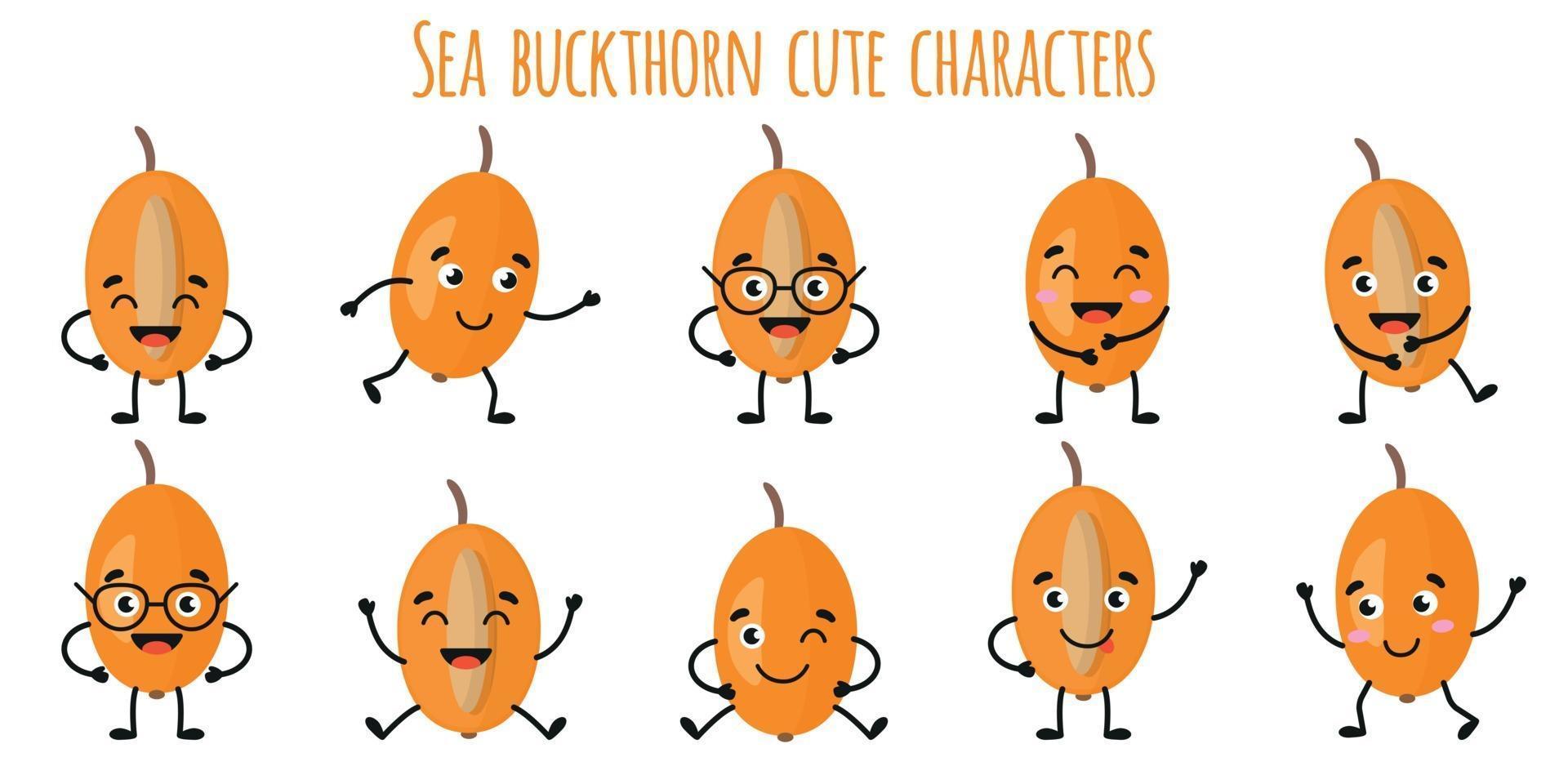 duindoornfruit leuke grappige karakters met verschillende emoties vector