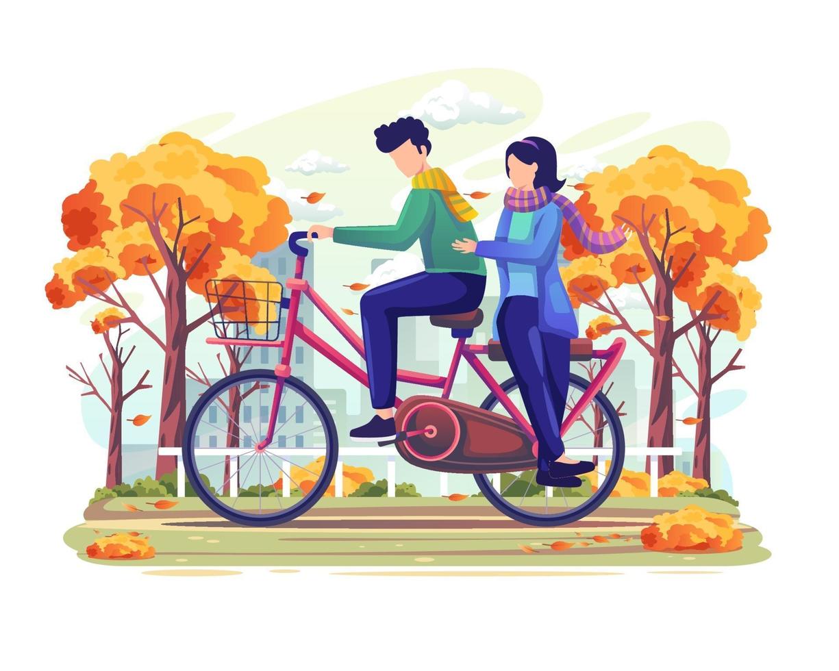 paar op een date fietsen in de herfst. vector illustratie