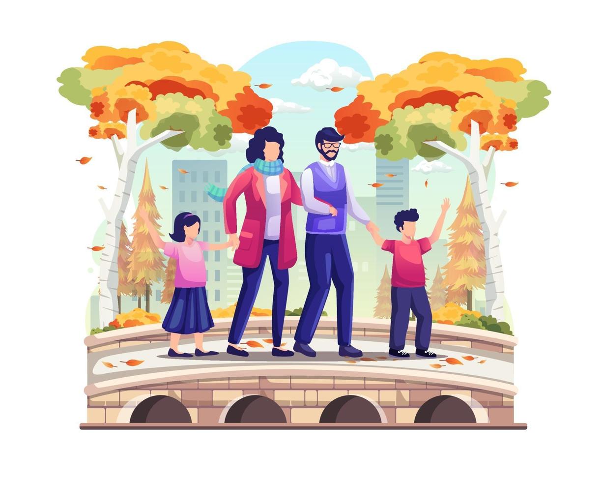 familie die in de herfst een wandeling maakt over de parkbrug. vector illustratie