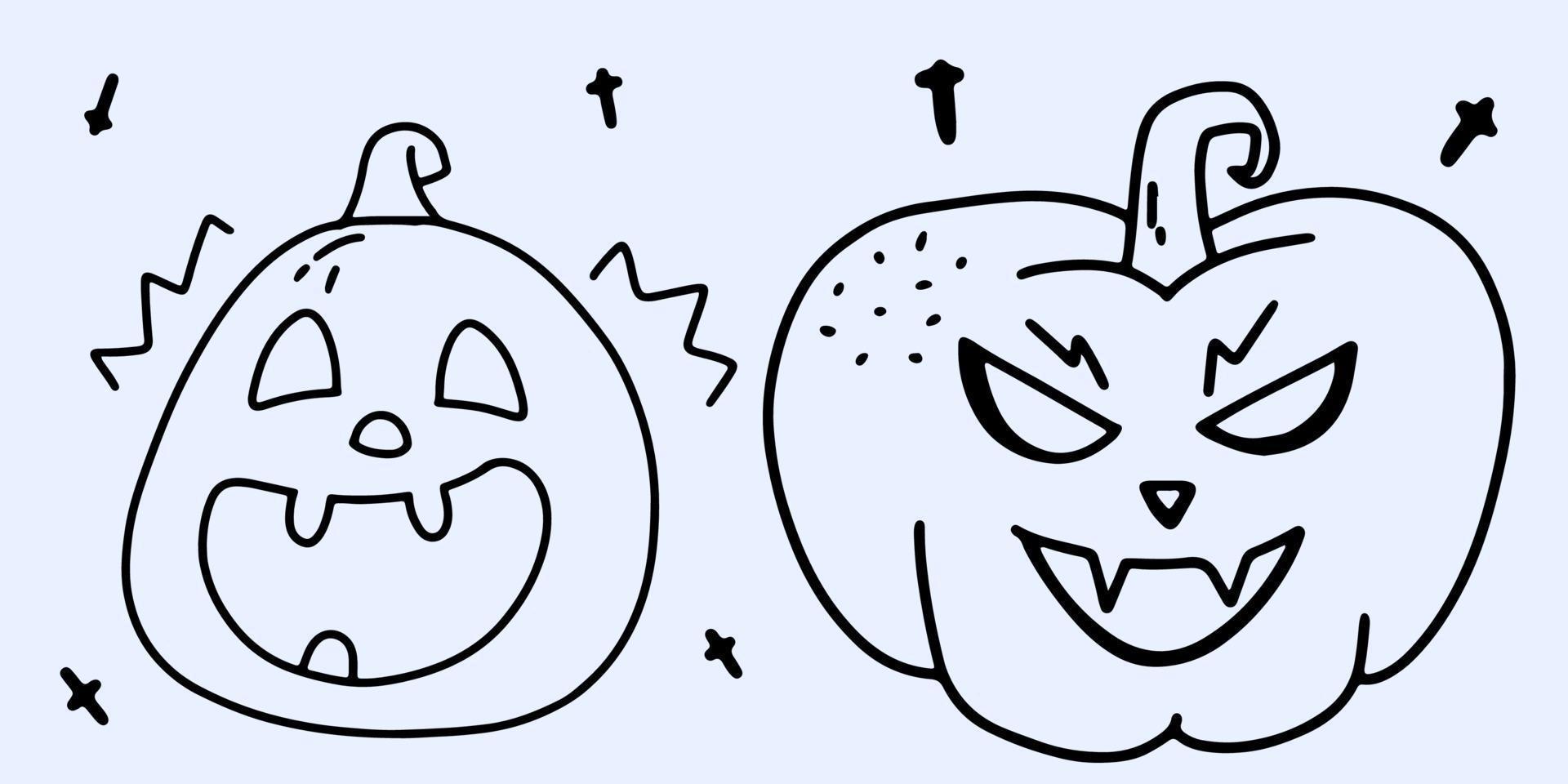 set van enge pompoenen met een glimlach in doodle stijl. halloween-concept. vector