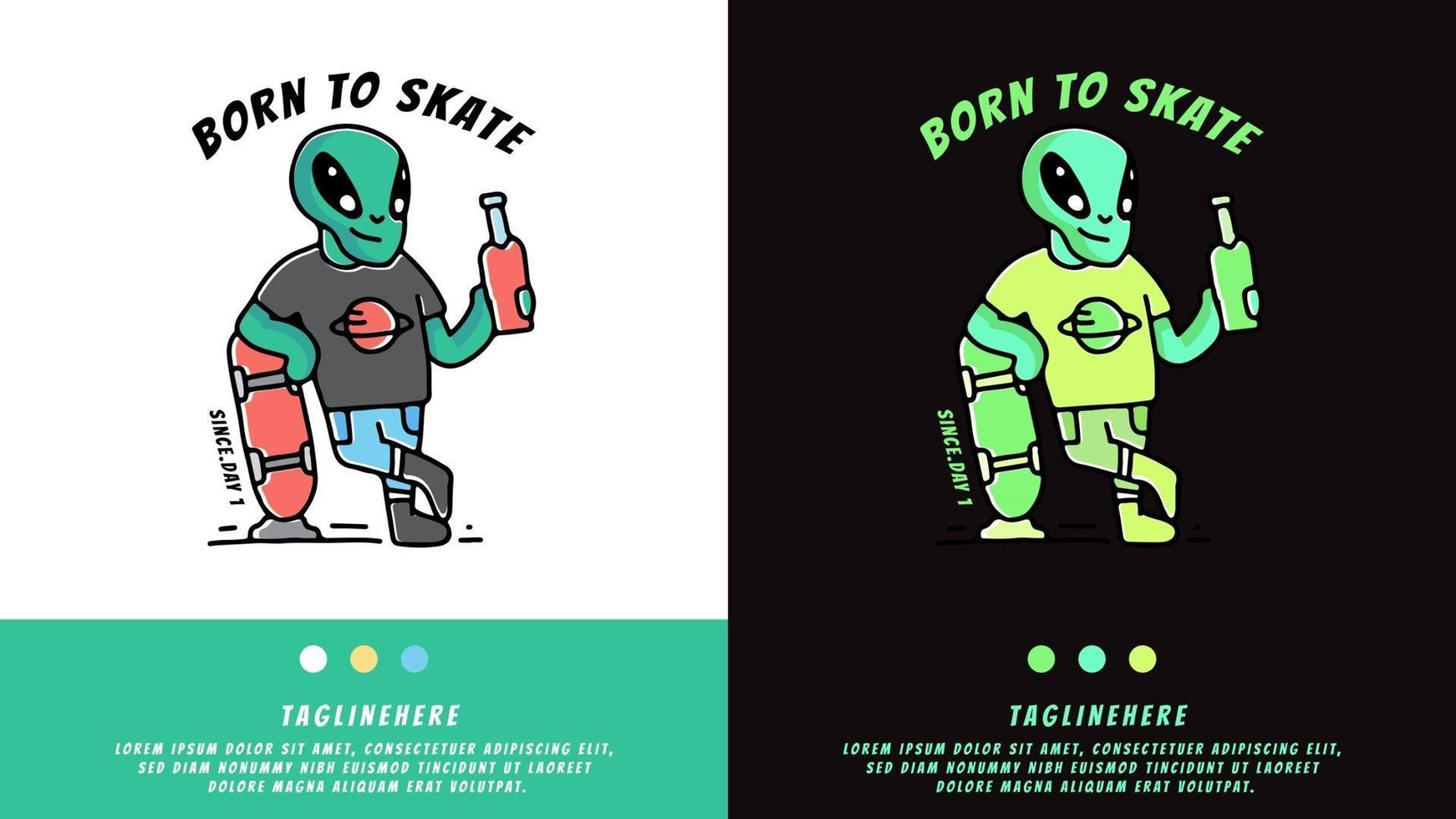 alien met skateboard en bier vasthouden. illustratie voor t-shirt vector