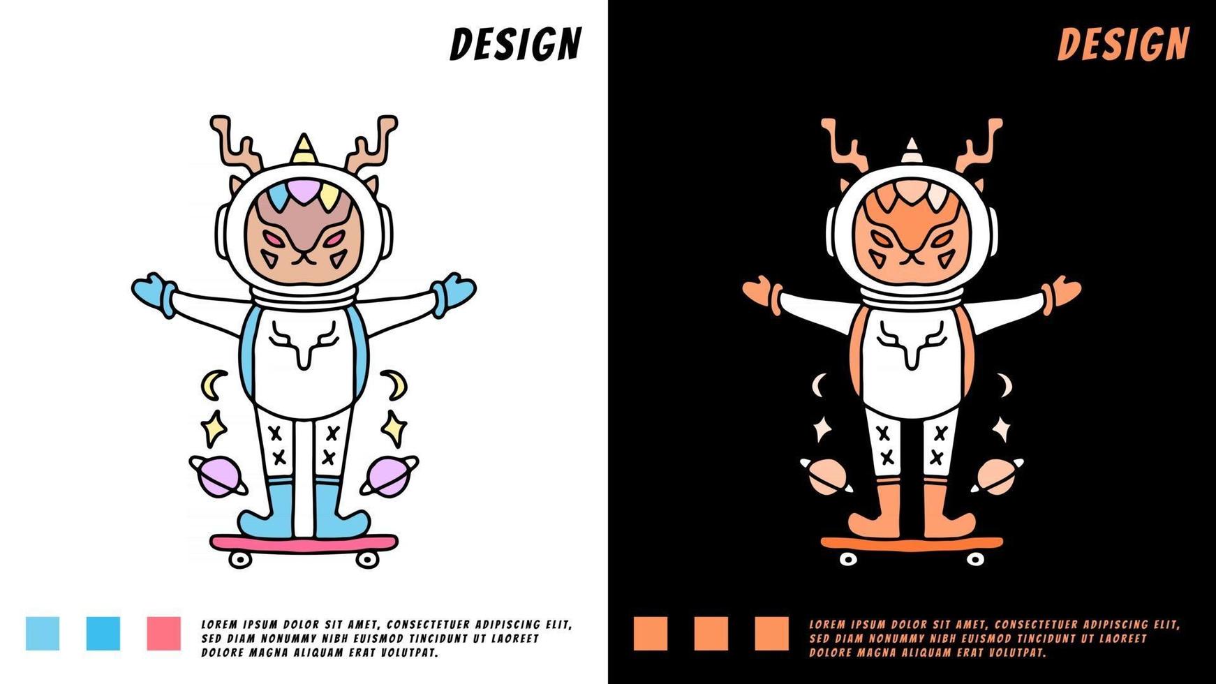 hertenastronaut die skateboard speelt, illustratie voor t-shirt vector