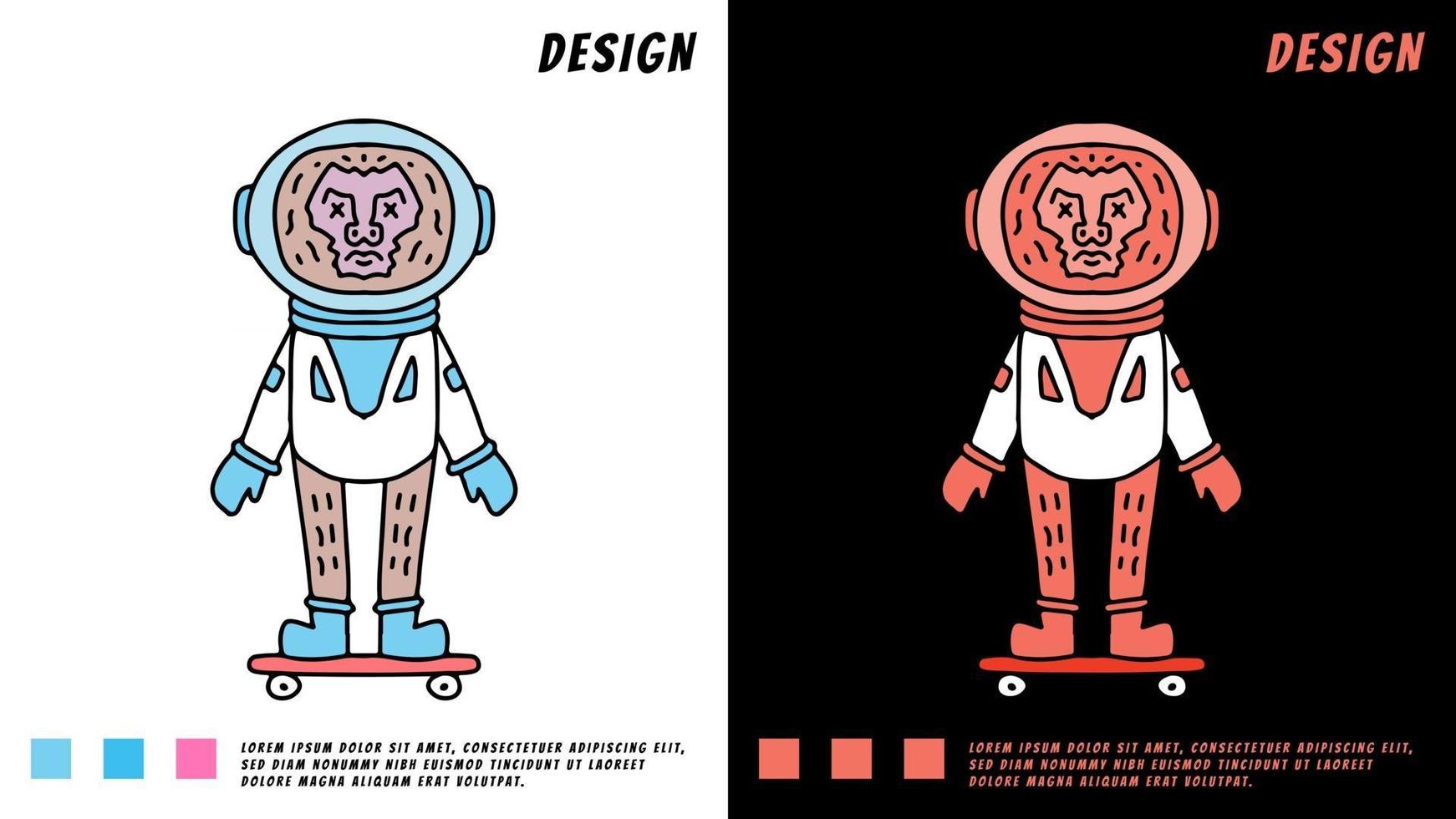 aap in astronautenpak rijdt op een skateboard, illustratie voor t-shirt vector