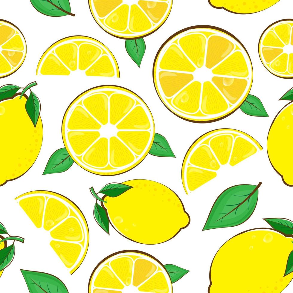 naadloze patroon citroen. plakjes citrus en blad op witte achtergrond vector