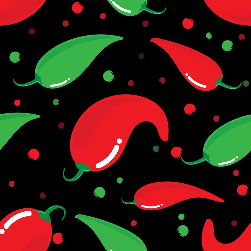 naadloze patroon rode en groene chili peper op zwarte achtergrond vector