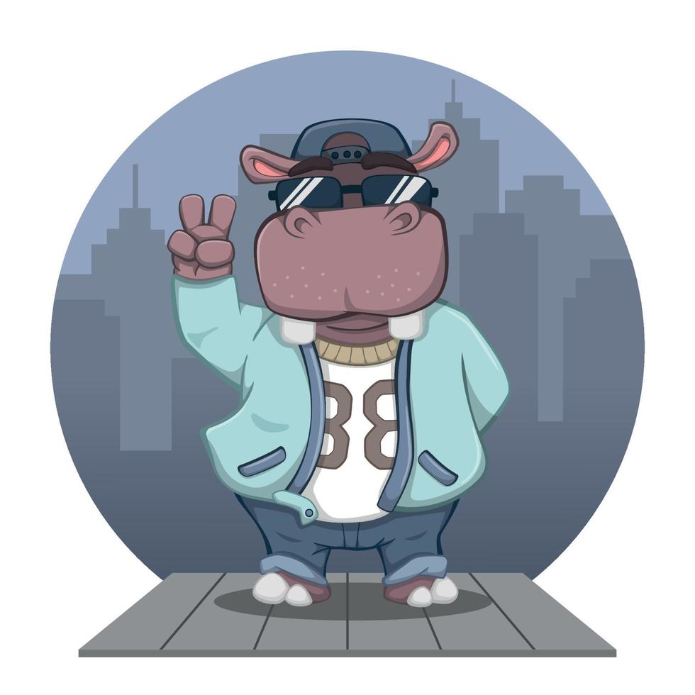 leuke cartoon hiphop nijlpaard met stadsachtergrond vector