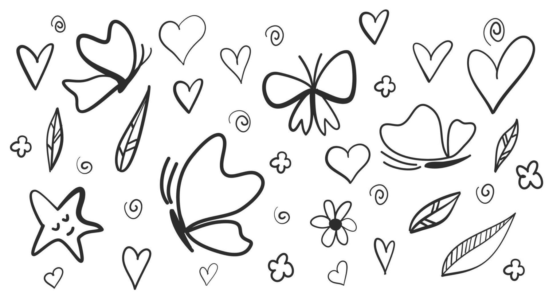 set handgetekende vlinder en schattige doodle harten. vector