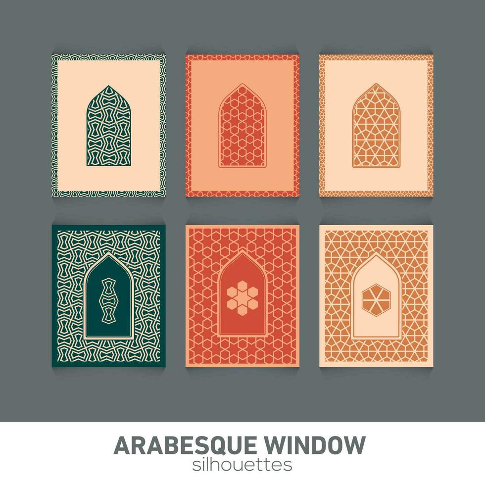 arabesk venster silhouetten. vector symbool traditioneel Islamitisch bogen. Arabisch traditioneel architectuur. Ramadan kareem ontwerp element. meetkundig ornament Arabisch patroon.