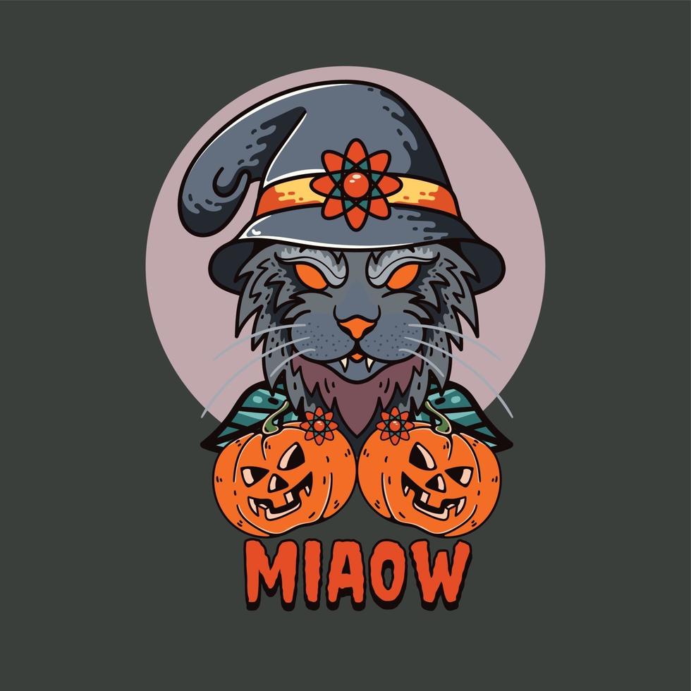 pompoen met kat illustratie karakter happy halloween met raaf vector