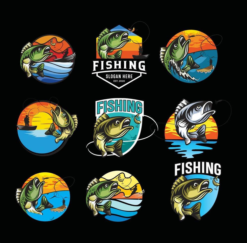 set van zomer vissen logo mascotte badge vector ontwerp illustratie