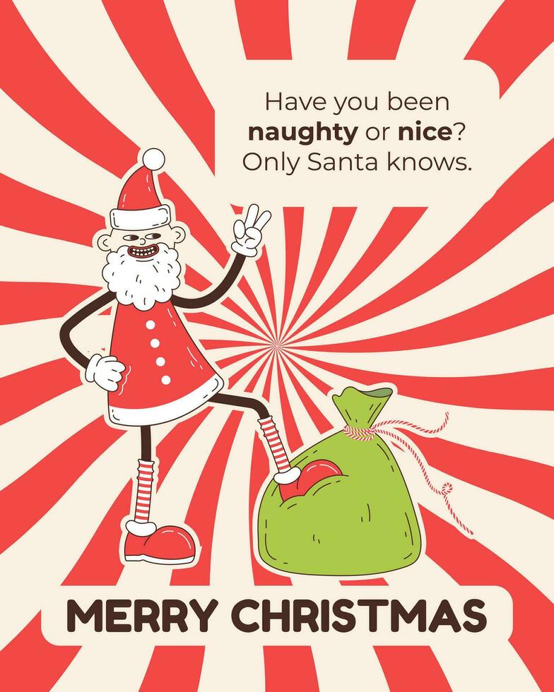 groovy Kerstmis groet kaart met de kerstman claus en groet tekst. grappig retro tekenfilm Kerstmis karakter in groovy jaren 60-70 wijnoogst stijl. vector