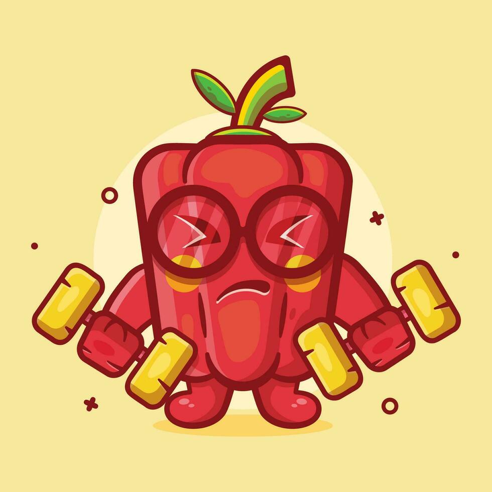 grappig rood paprika karakter mascotte aan het doen bodybuilding gebruik makend van halter geïsoleerd tekenfilm in vlak stijl ontwerp vector