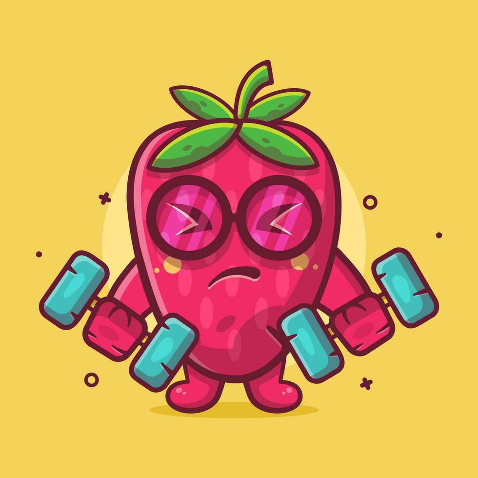 grappig aardbei fruit karakter mascotte aan het doen bodybuilding gebruik makend van halter geïsoleerd tekenfilm in vlak stijl ontwerp vector