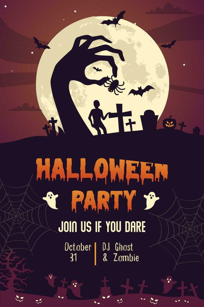 halloween partij uitnodiging met eng pompoen en een vol maan, halloween illustratie, gelukkig halloween partij poster vector, begraafplaats, snoepjes en eng pompoen vector