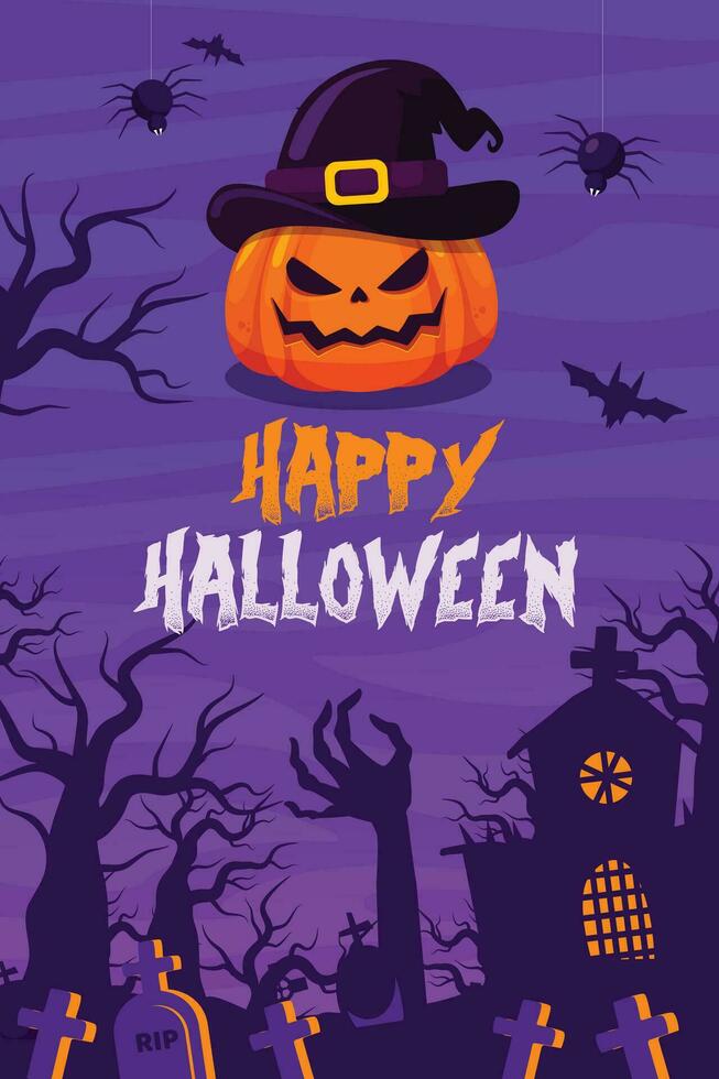 halloween partij uitnodiging met eng pompoen en een vol maan, halloween illustratie, gelukkig halloween partij poster vector, begraafplaats, snoepjes en eng pompoen vector