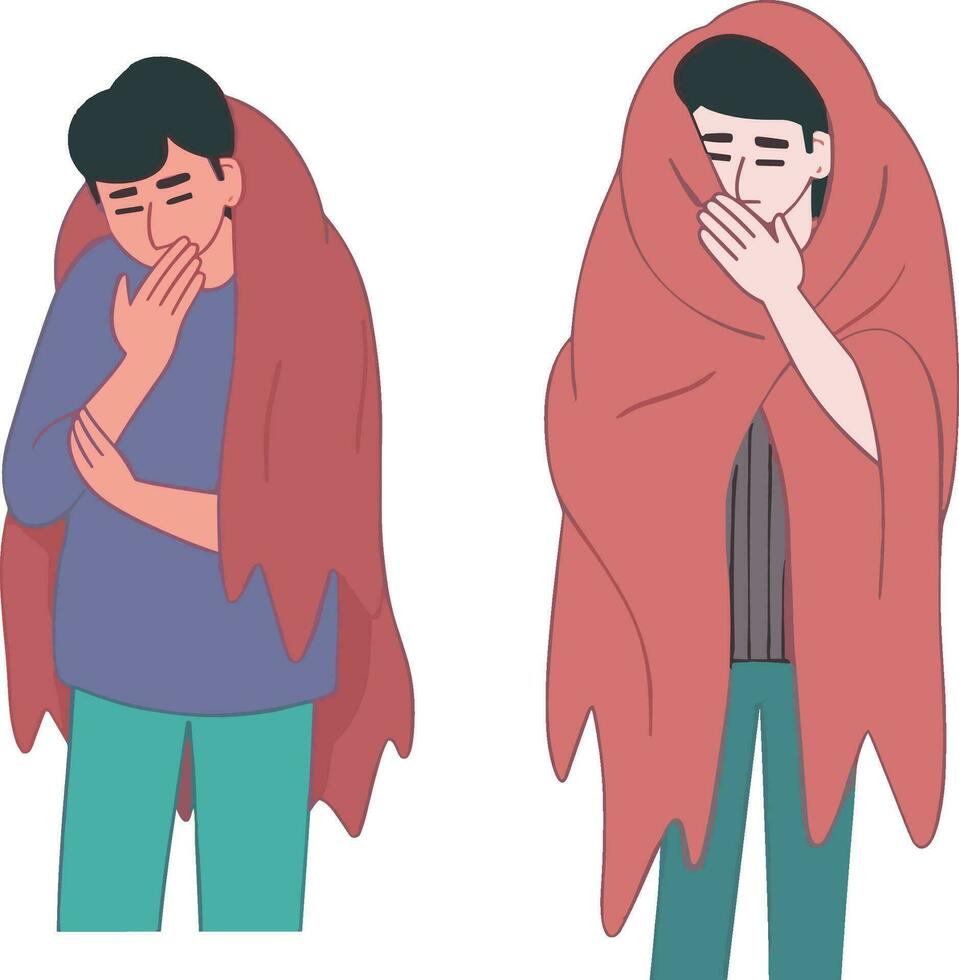 Mens en vrouw voelen verdrietig en gedekt met een deken. vector illustratie in tekenfilm stijl