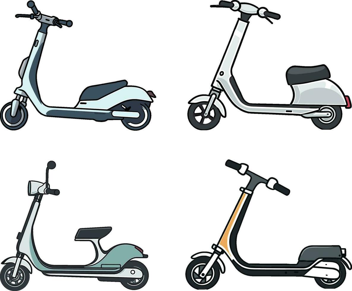 reeks van scooters Aan een wit achtergrond. vector illustratie in tekenfilm stijl.