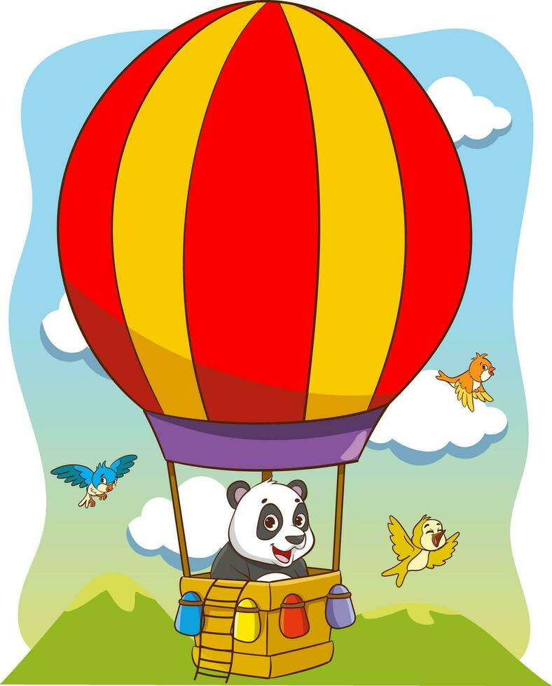 vector illustratie van een schattig tekenfilm panda vliegend in een heet lucht ballon