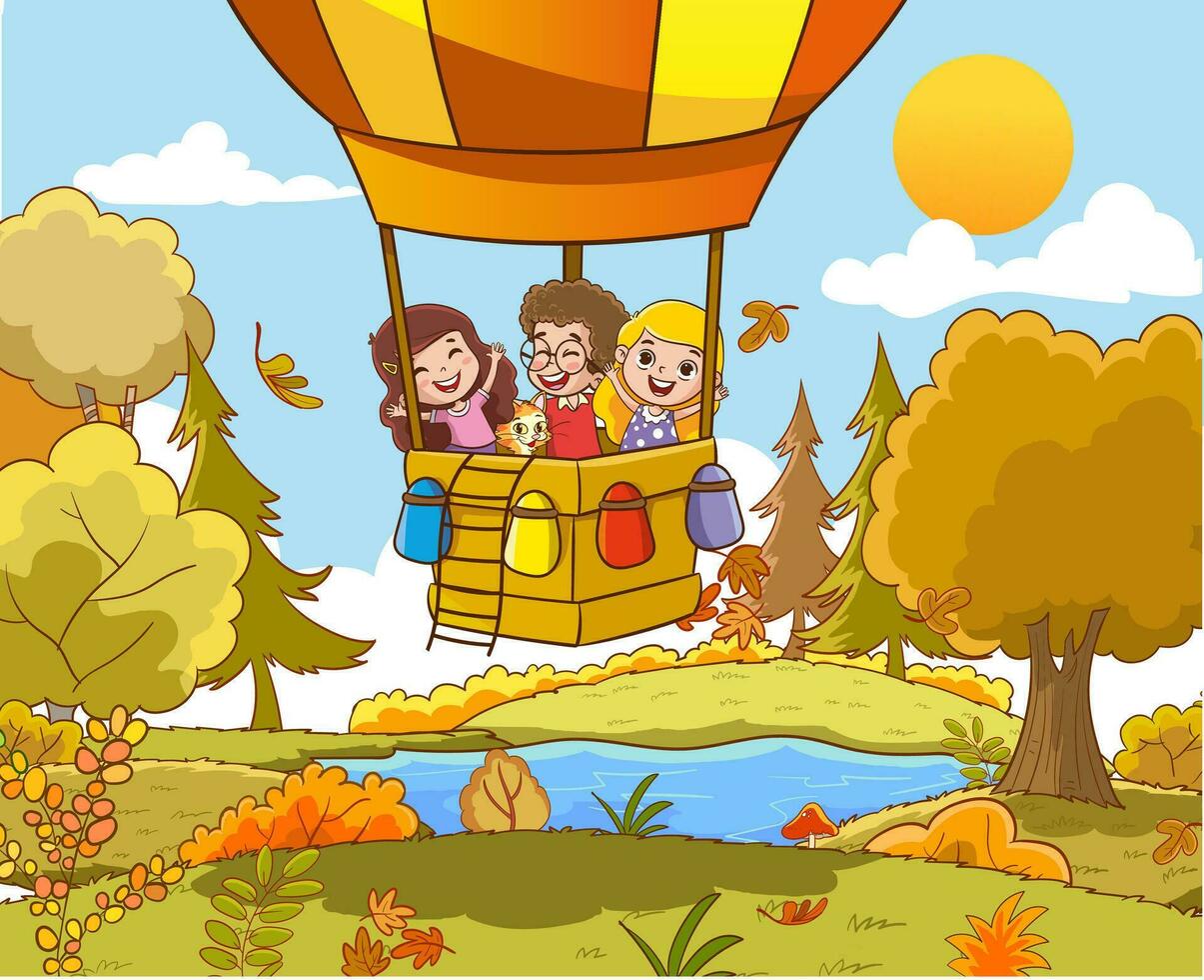 vector illustratie van kinderen vliegend met lucht ballon