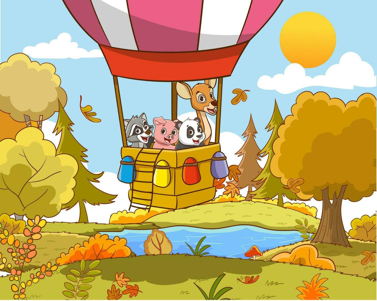 vector illustratie van een schattig tekenfilm dieren rijden een heet lucht ballon