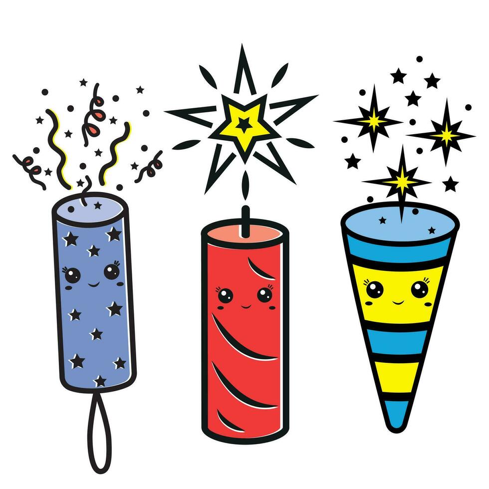 feestelijk vuurwerk in de stijl van kawaii krabbels, vector illustratie