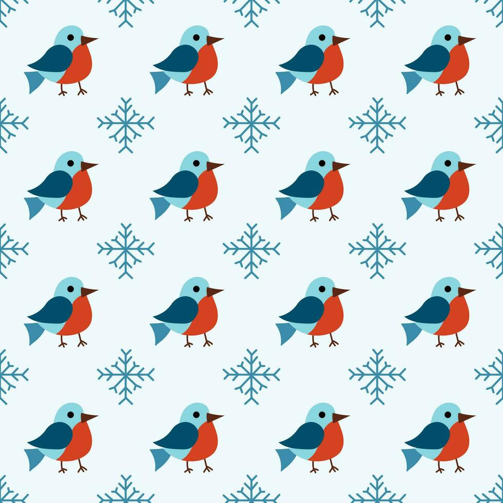 Kerstmis winter naadloos patroon met schattig vogelstand goudvinken en sneeuwvlokken. vector vlak achtergrond.