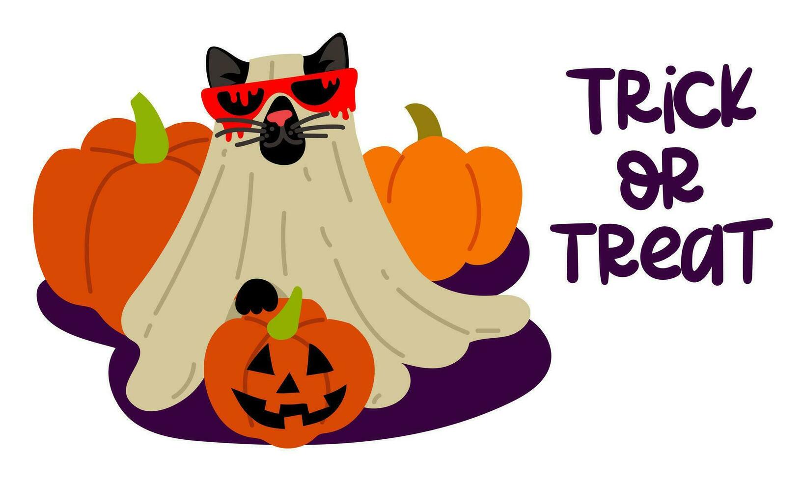 een ansichtkaart met de opschrift truc of traktatie. zwart kat in een vel en bril met bloed voor halloween met een pompoen met een gesneden uiteinde van een loop Aan een pompoen achtergrond vlak vector illustratie Aan wit