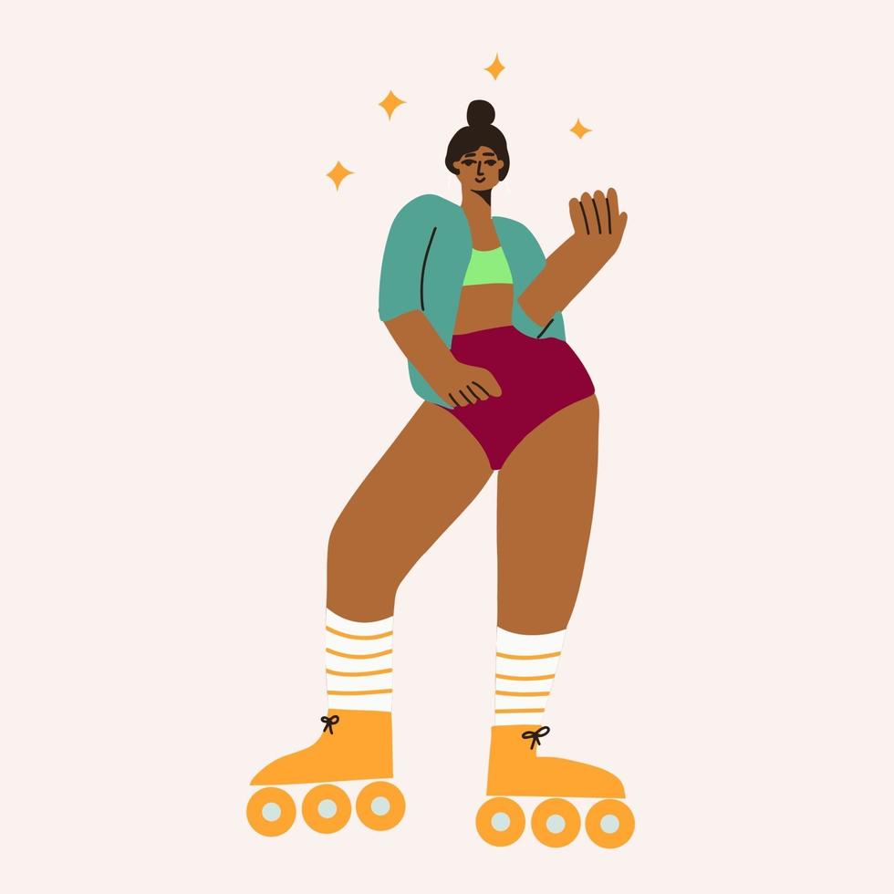 volledige lichaamsillustratie van funky meisjesrit op rolschaatsen. vector