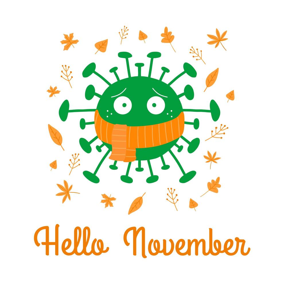 Hallo november. cartoon coronavirus bacteriën in oranje sjaal vector