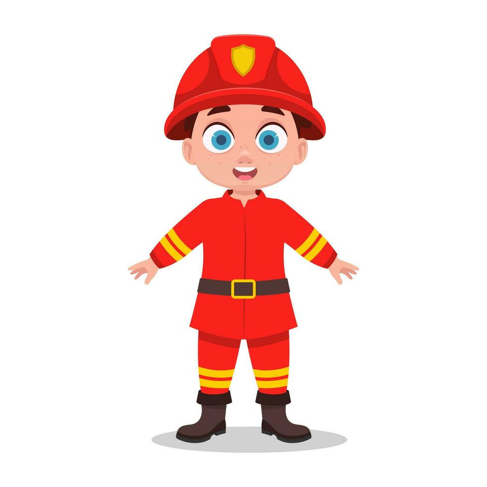 schattig jongen in brandweerman uniform vector