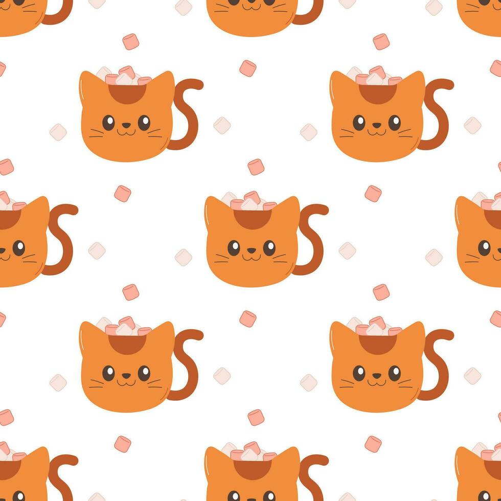 patroon naadloos mok met kat en marshmallows, winter, kerstmis. vector