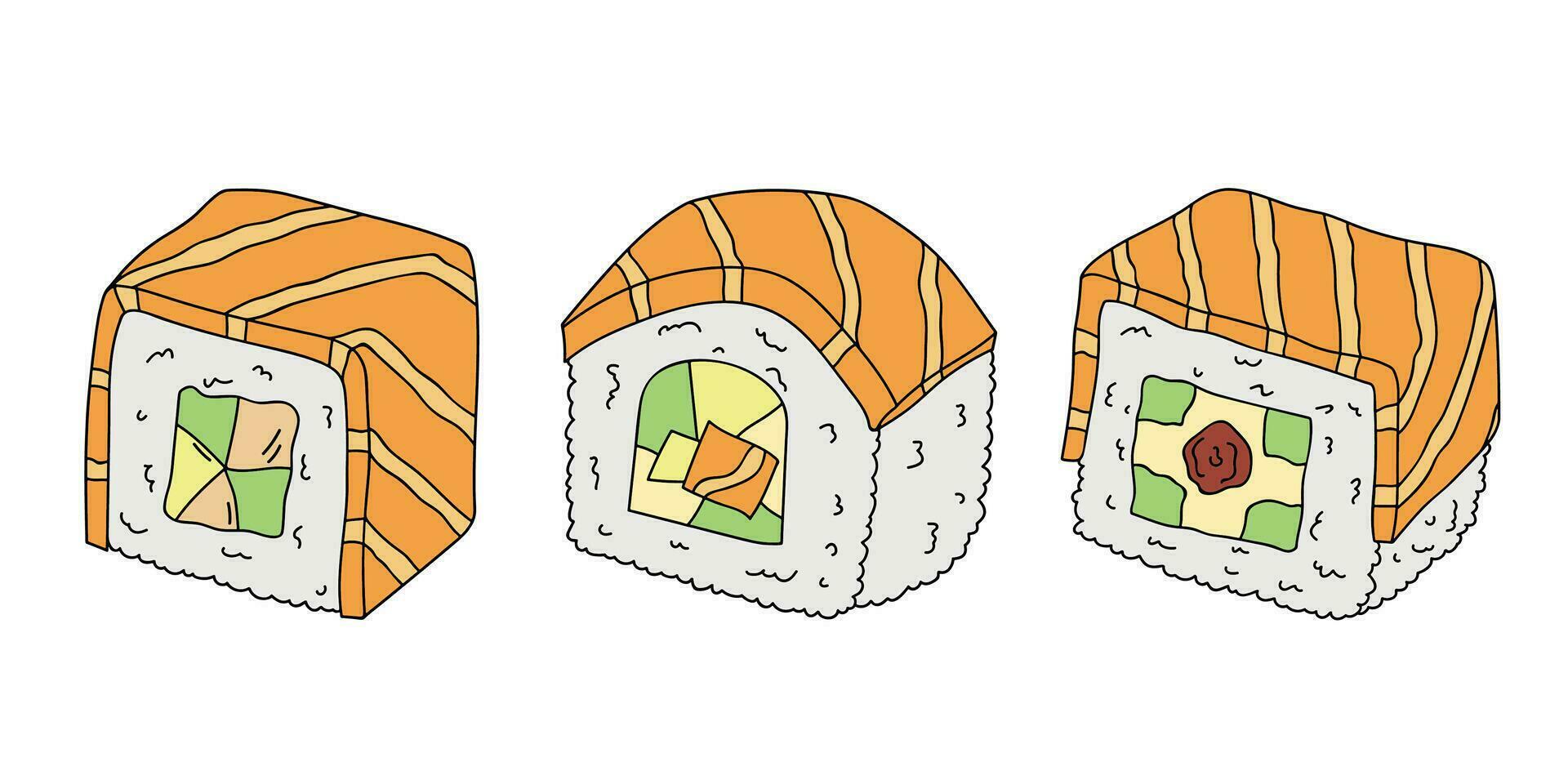 hand- getrokken sushi rollen clip art set. Japans traditioneel keuken borden. Aziatisch voedsel vector