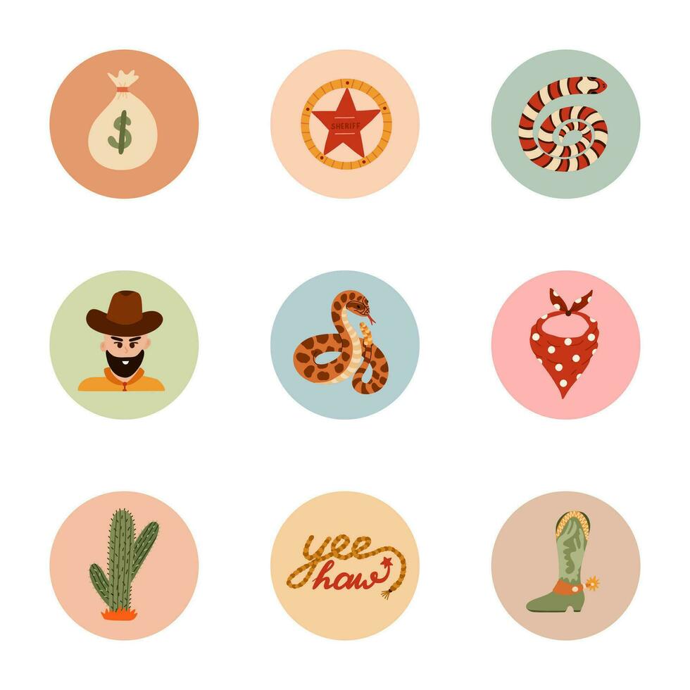 modieus en knus ronde highlights voor verschillend sociaal media, blogs, bedrijf, branding met wild west illustraties. Hoes pictogrammen voor verhalen met cowboy western vector clip art in warm kleuren