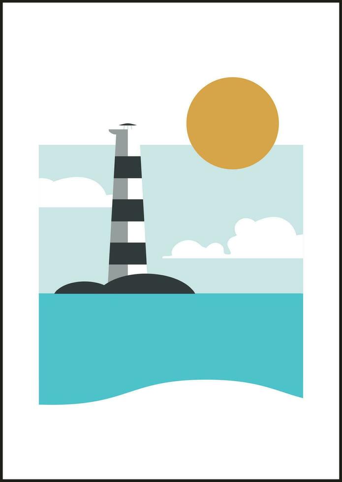 visie Aan vuurtoren in de zonnig oceaan minimalistische illustratie afdrukken vector