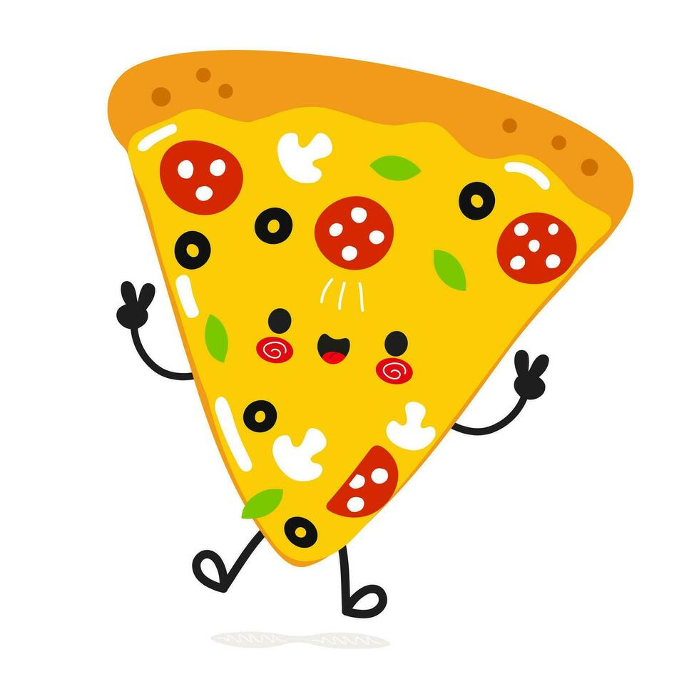 schattig grappig plak van pizza jumping karakter. vector hand- getrokken tekenfilm kawaii karakter illustratie icoon. geïsoleerd Aan wit achtergrond. pizza karakter concept