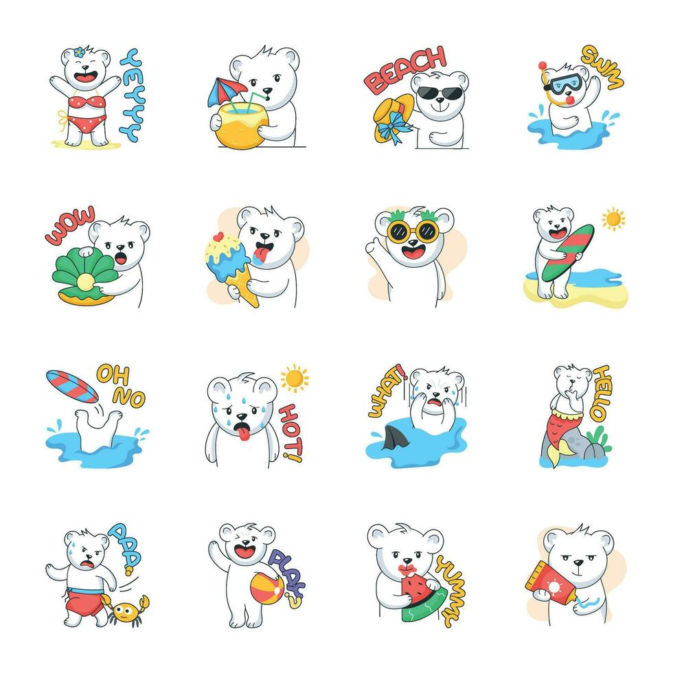 schattig verzameling van strand bears vlak stickers vector