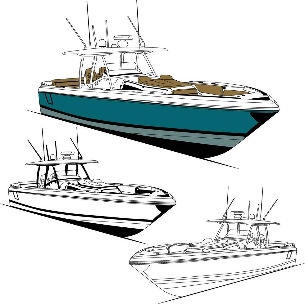 boot vector, visvangst boot vector lijn kunst en een kleur.