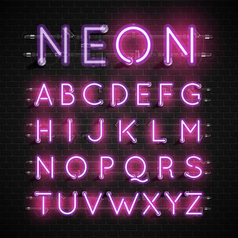Hoog gedetailleerde neon lettertype ingesteld, vector illustratie