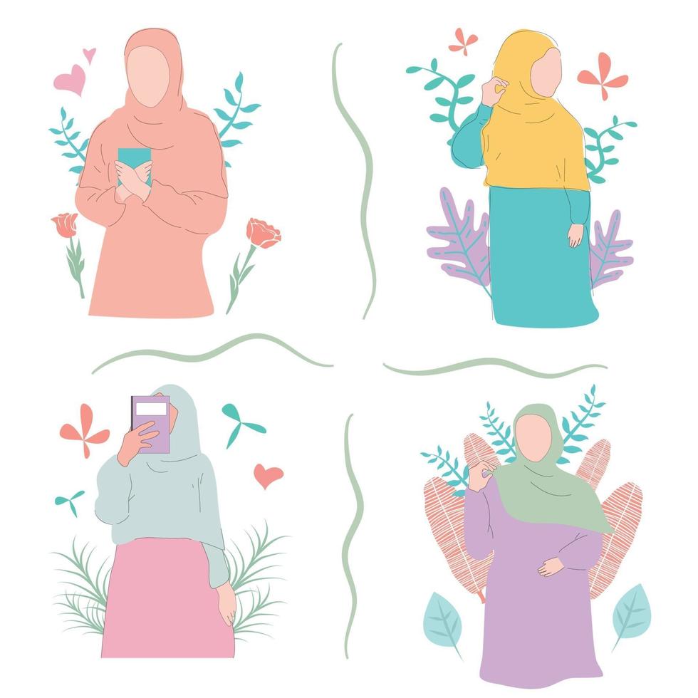 bundel pastelkleurige hijab-vrouwen geschikt voor islamitische illustratie vector