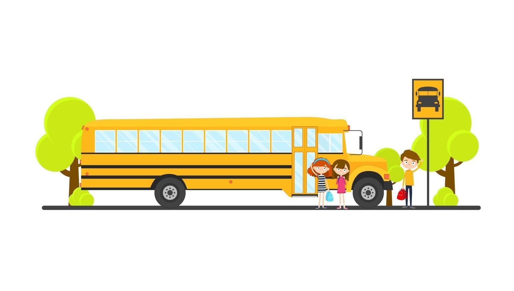 schoolbus zijaanzicht op de bushalte geïsoleerd. vector illustratie