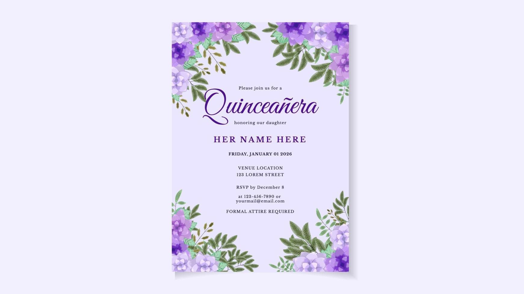 quinceanera verjaardagsviering bloemen flyer uitnodigingskaartsjabloon vector