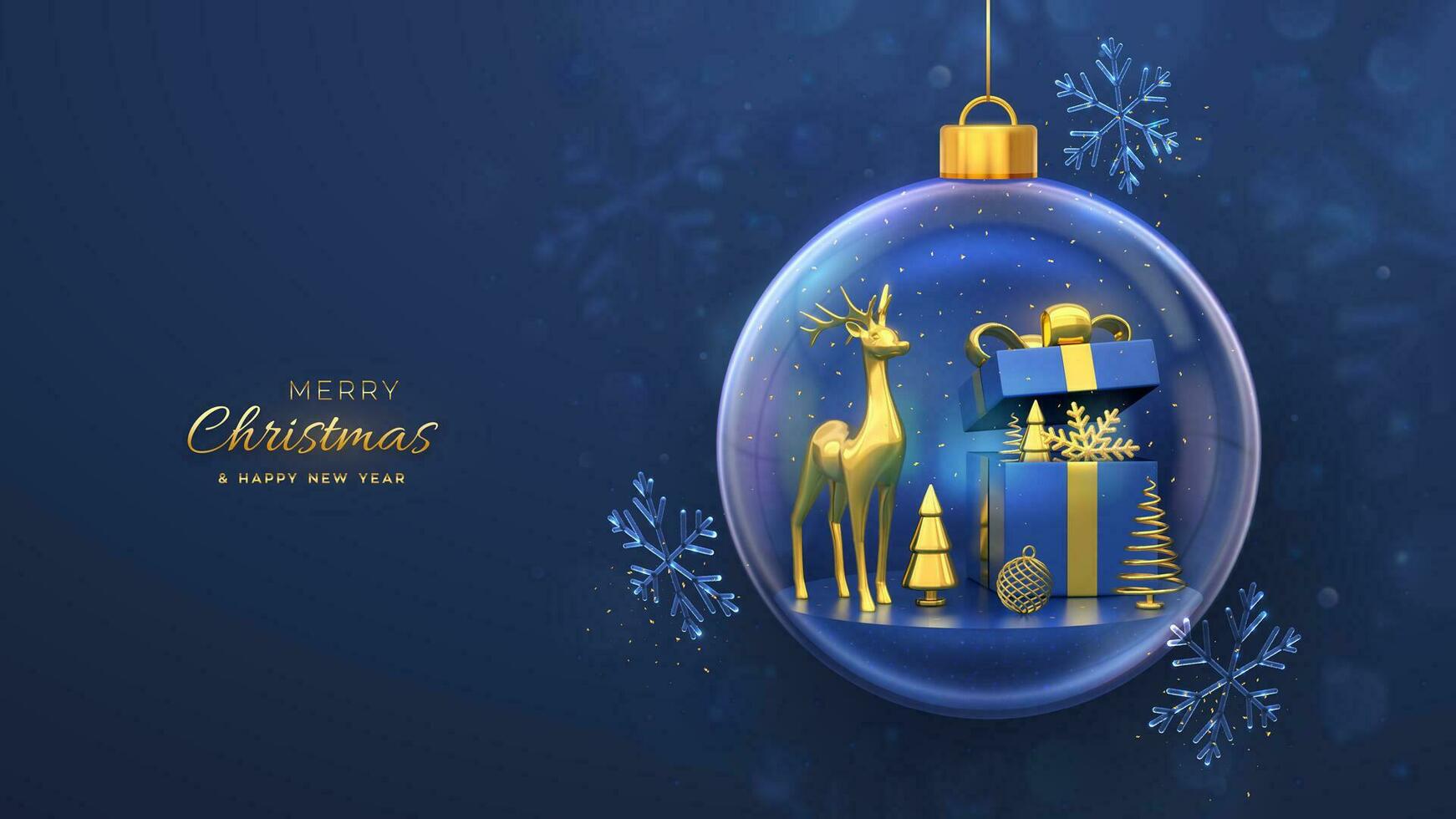Kerstmis groet kaart. goud hert, geschenk doos, gouden showflake en schijnend bal, metalen net bomen in een glas bal. nieuw jaar Kerstmis achtergrond, vakantie poster, banier, folder. 3d vector illustratie.