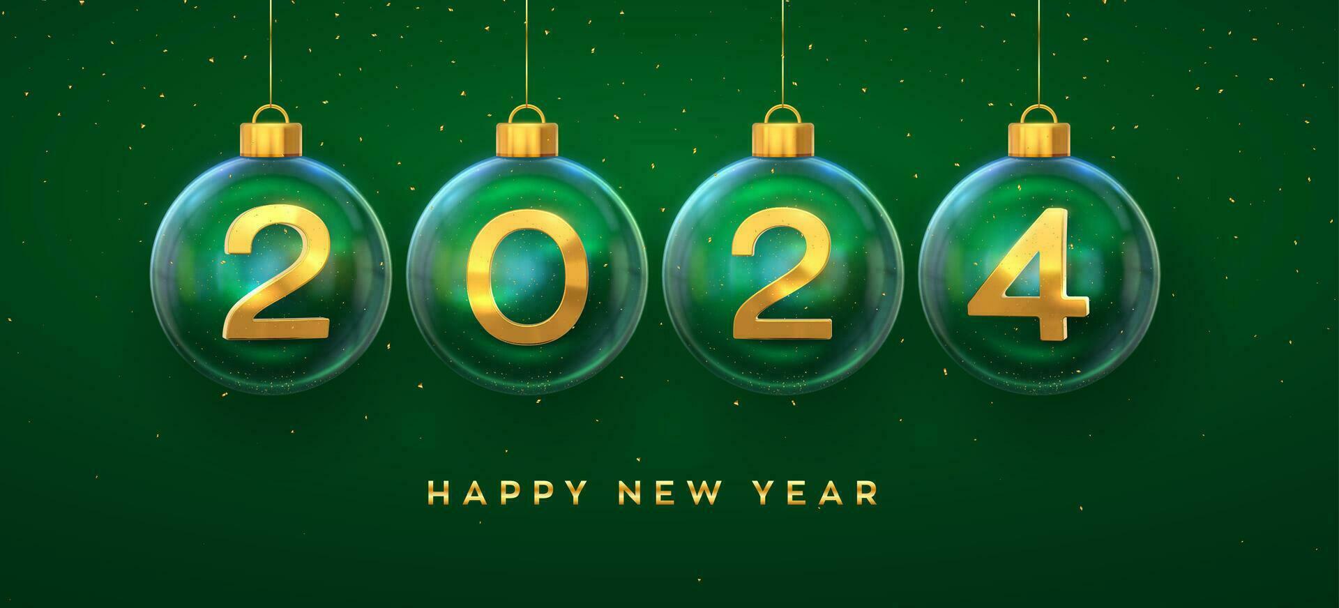 gelukkig nieuw jaar 2024. gouden metaal 3d getallen 2024 in glas snuisterij. hangende Kerstmis ballen en schitteren confetti. groet kaart. vakantie Kerstmis en nieuw jaar poster, banier, folder. vector illustratie.